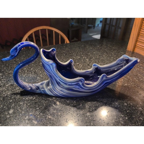 Other - Vtg XL Cobalt Blue White Swril Art Glass Swan Bowl/ 19 x 8 x 5 Long